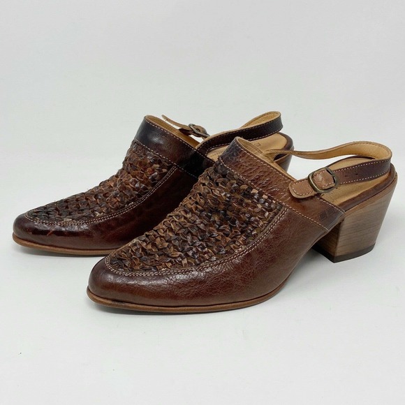 Bed Stu Shoes - Bed Stu Bettina Slingback Mule Heels Handwoven Leather Teak Brown Sz 7.5